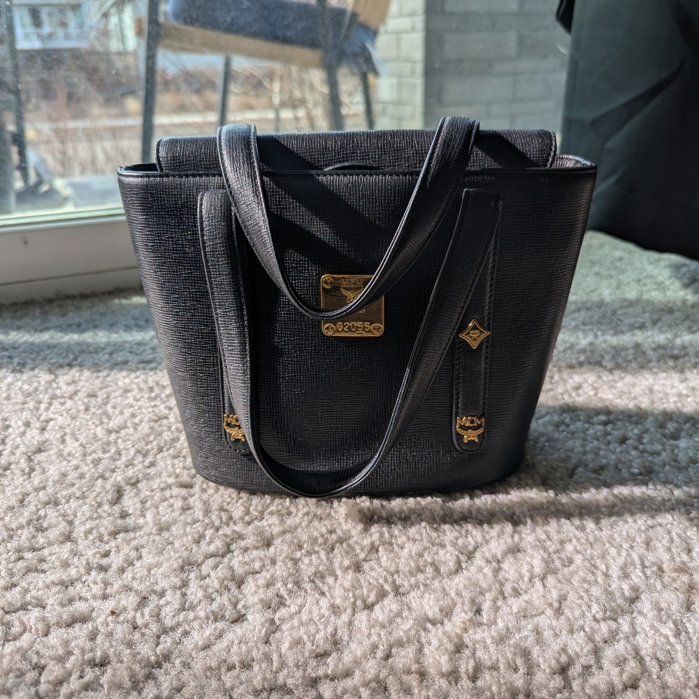 MCM Black Textured Tote with Gold Accents